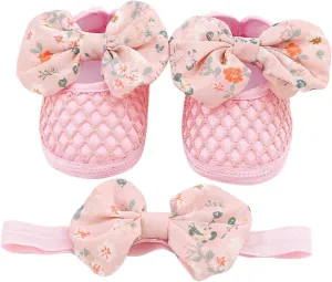0 to 1 Year Old Baby Shoes Hair Band Set Cute Bow Princess Shoes 3 5 7 9 Months Soft Soled Walking Shoes for Toddler
