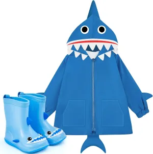 2 Pcs Toddler Raincoat Rain Boots Set Kids Baby Cartoon Hoodie Zipper Jacket Short Rain Shoes for Little Boys Girls