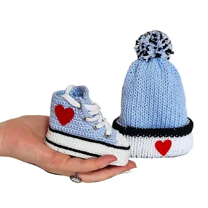 Baby Blue Hand-Knitted Baby Booties & Beanie Set, Crochet Newborn Sneakers Style Crib Shoes, Newborn Photo Props, Gender Neutral Baby Handmade Gift