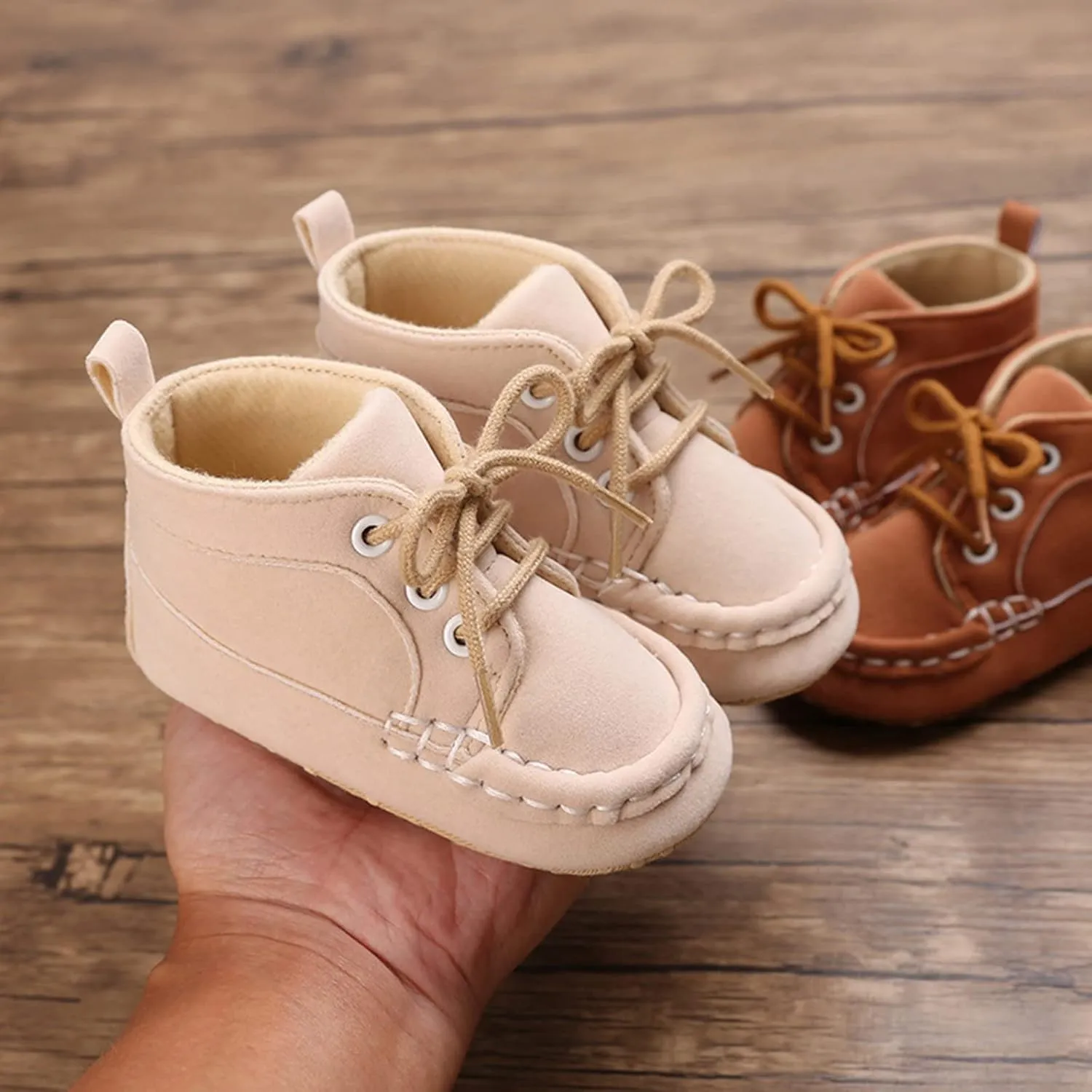 Baby Boy Girl Soft Sole Canvas Shoes High Top Lace Up Infant Ankle Shoes Booties Toddler Newborn (Khaki, 6-12 Months)
