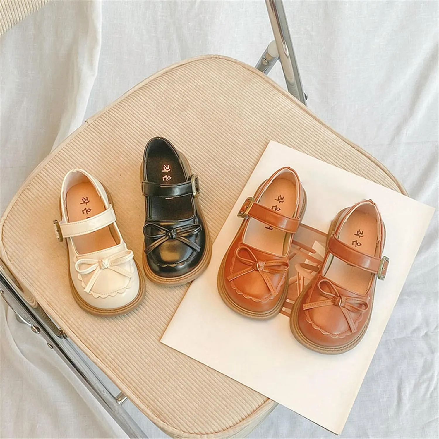 Baby Flat Sole Shoes Girls Leather Bow Design Soft Round Toe Princess Dress Flat Shoes(Toddler/Little Kid/Big
