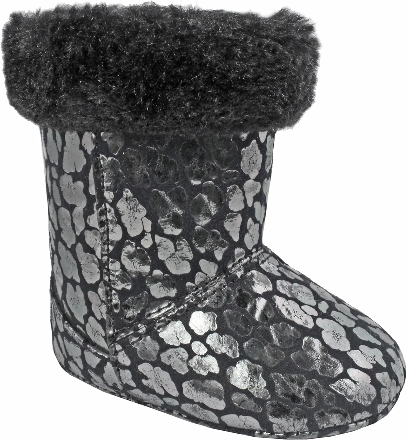 Baby-Girls Black Boots Iridescent Leopard with/Fur Cuff (Infant Crib Shoes Soft Sole Baby Shoes) Black Size 1
