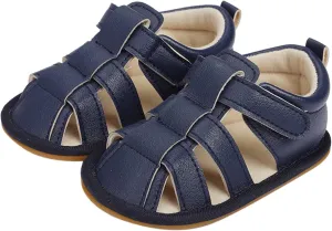Baby Girls Boys Sandals Infant Toddler Shoes Newborn First Walkers Crib Shoes Soft Sole Flat Shoes (Navy, 5 Infant)