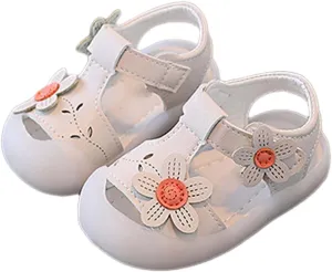Baby Girls Closed Toe Sandals with Flower Infant Lightweight Rubber Soft Sole Non-Slip Cute Flat Shoes for Toddler