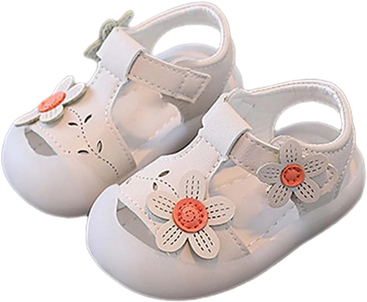 Baby Girls Closed Toe Sandals with Flower Infant Lightweight Rubber Soft Sole Non-Slip Cute Flat Shoes for Toddler