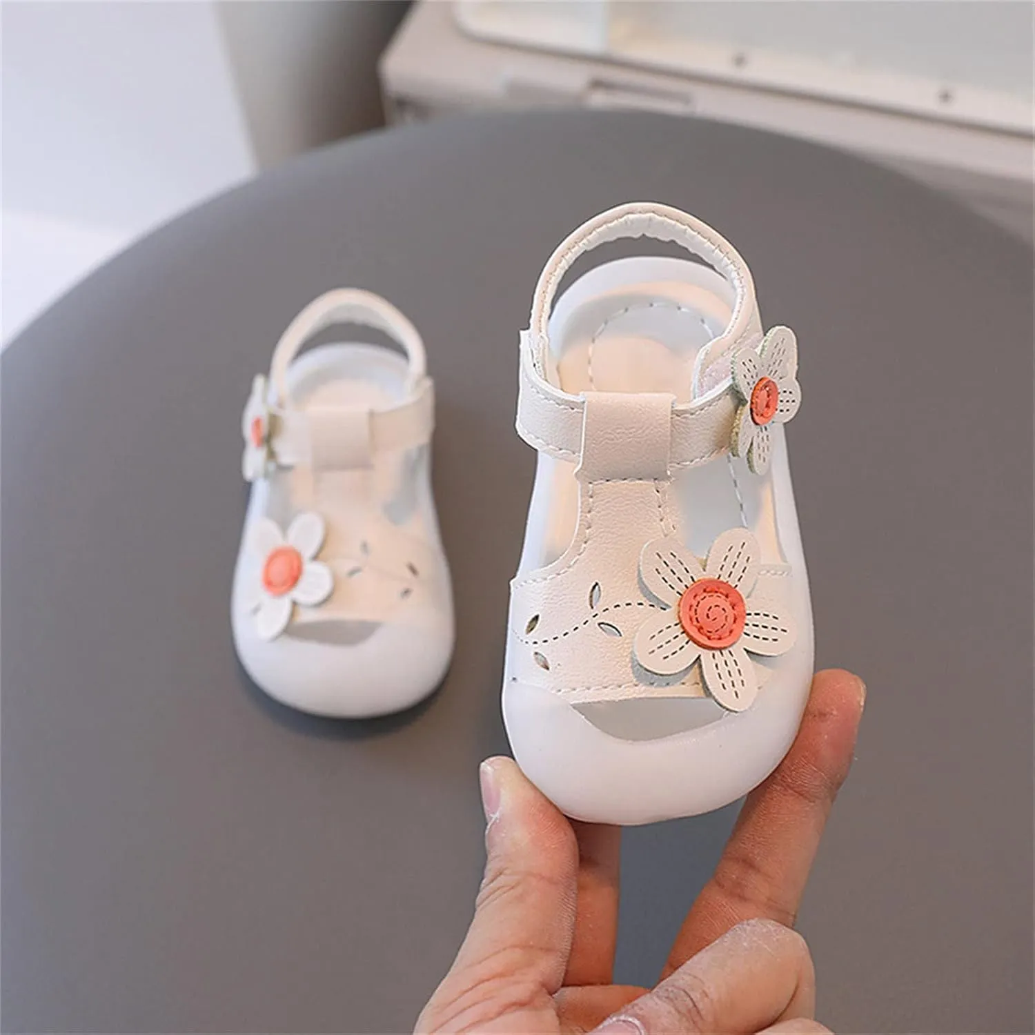 Baby Girls Closed Toe Sandals with Flower Infant Lightweight Rubber Soft Sole Non-Slip Cute Flat Shoes for Toddler