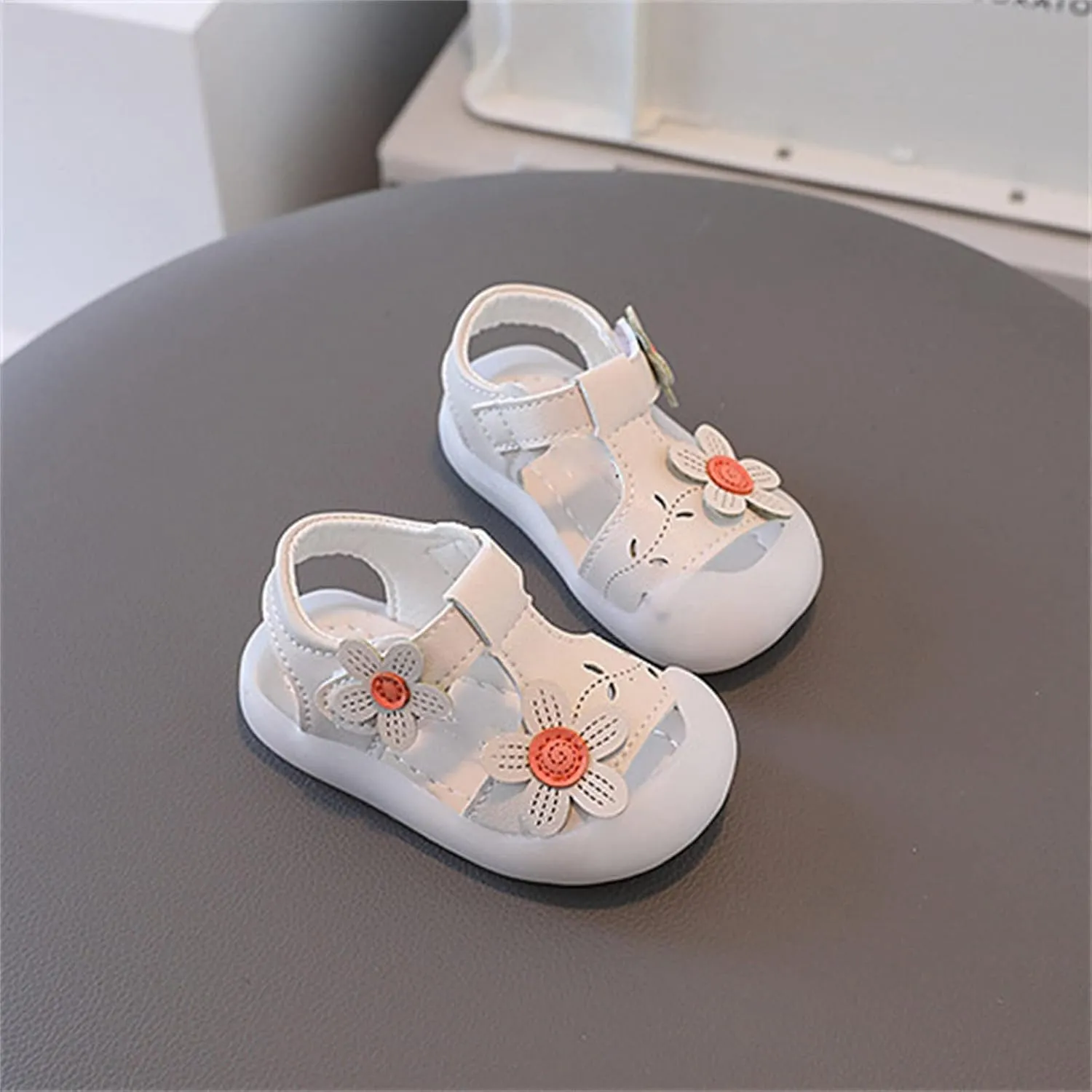 Baby Girls Closed Toe Sandals with Flower Infant Lightweight Rubber Soft Sole Non-Slip Cute Flat Shoes for Toddler