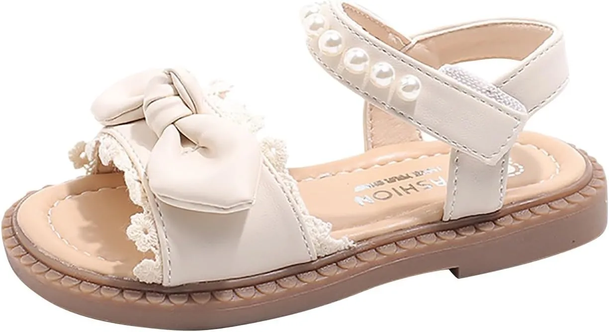 Baby Girls Shoes Toddler Girls Fashion Summer Bow Pearl Soft Sole Flat Shoes Leather Soft Closed Toe Comfort Sandals
