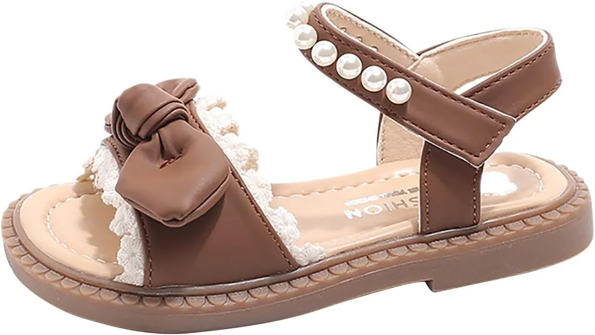 Baby Girls Shoes Toddler Girls Fashion Summer Bow Pearl Soft Sole Flat Shoes Leather Soft Closed Toe Comfort Sandals