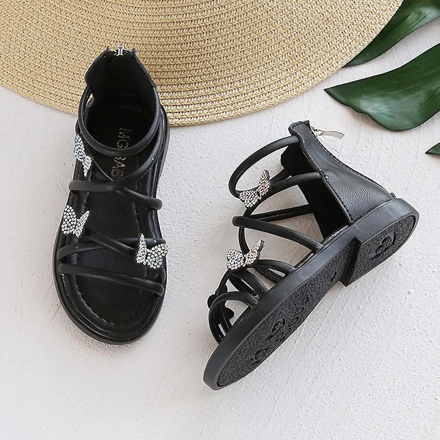 Baby Kids Gldiator Roman Leather Shoes Girls Childrens Bow Glitter Flat Non Slip Sandals Soft Comfy Summer