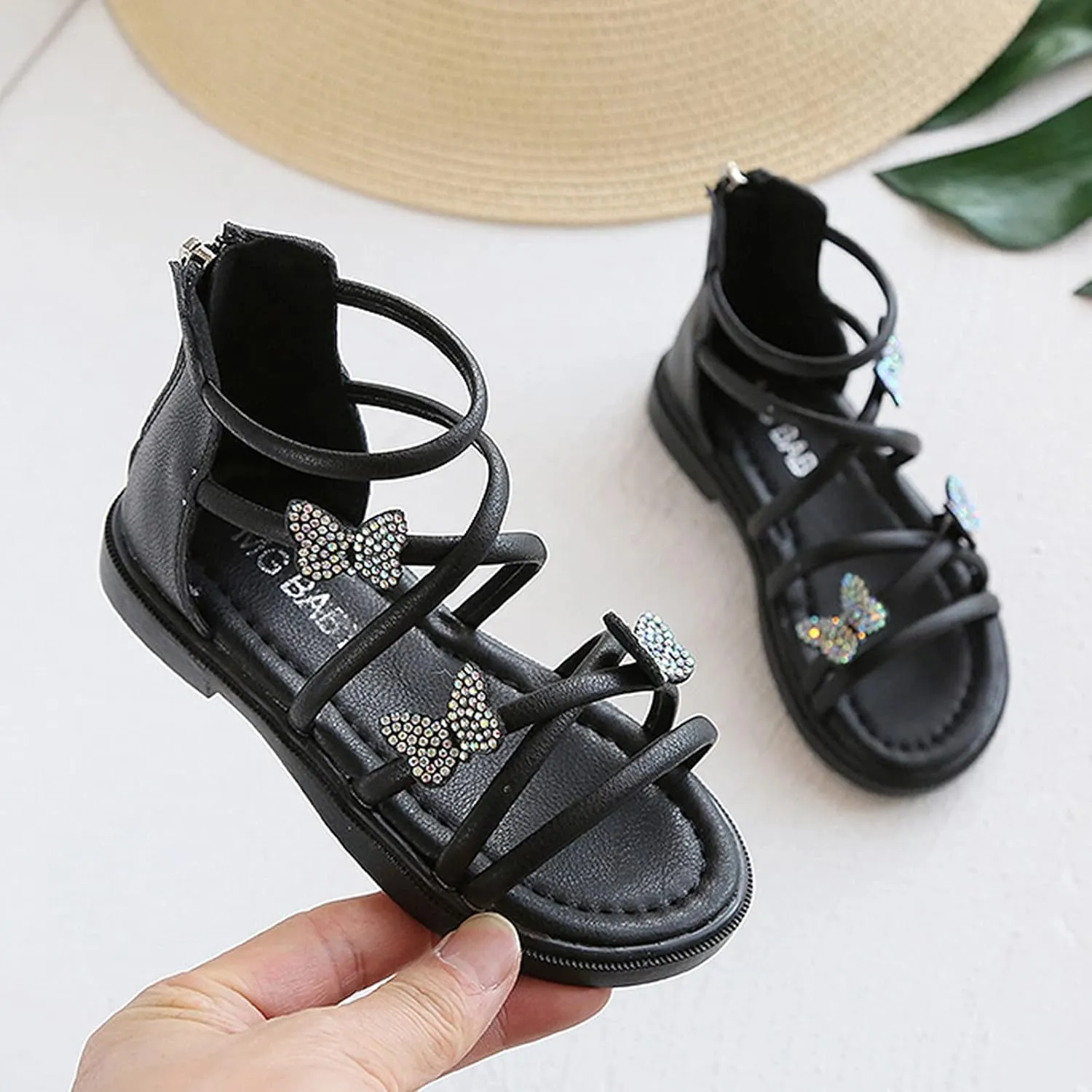 Baby Kids Gldiator Roman Leather Shoes Girls Childrens Bow Glitter Flat Non Slip Sandals Soft Comfy Summer