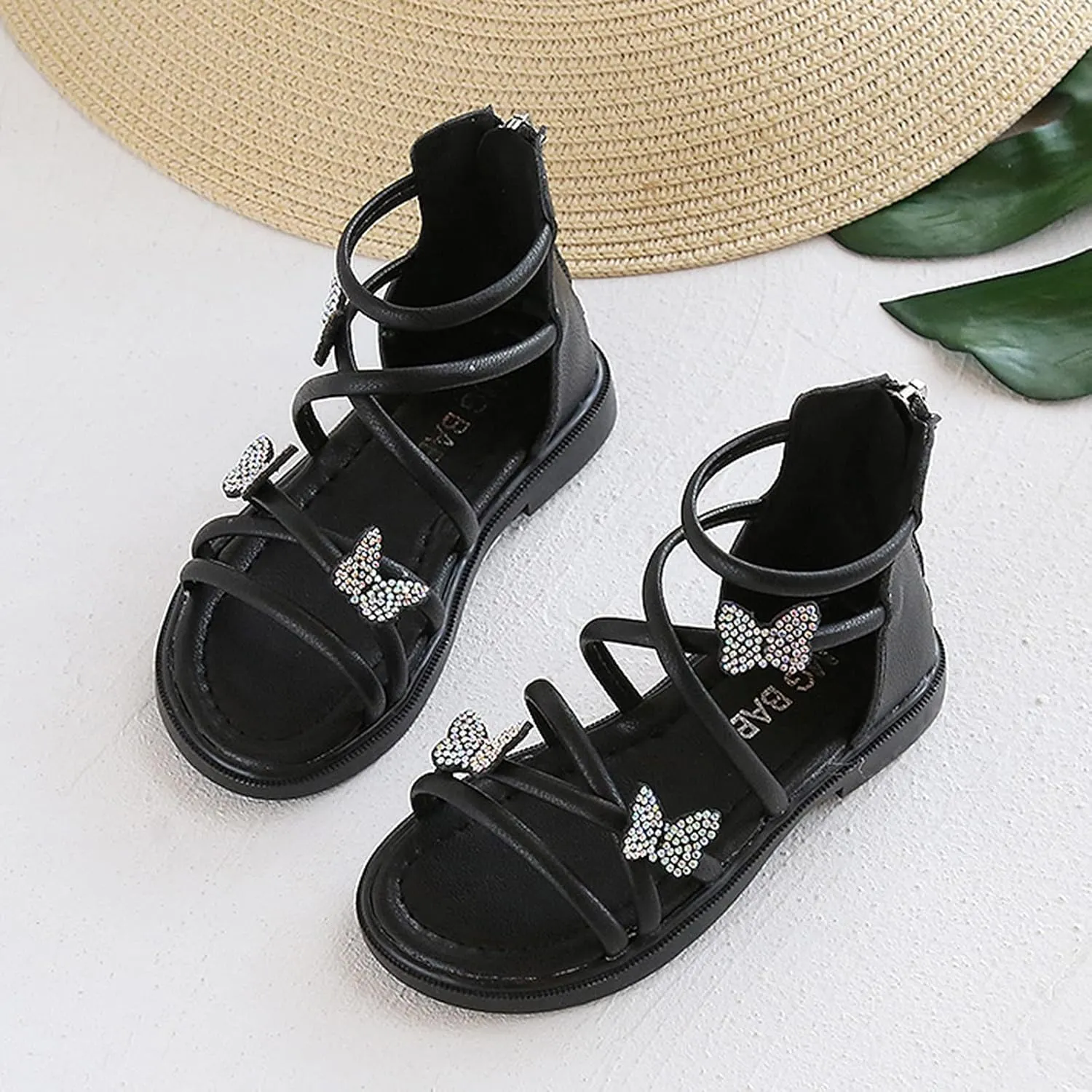 Baby Kids Gldiator Roman Leather Shoes Girls Childrens Bow Glitter Flat Non Slip Sandals Soft Comfy Summer