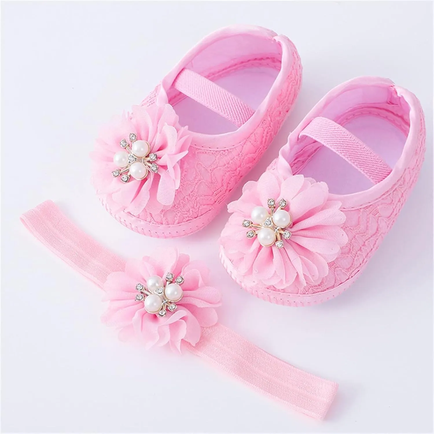 Baby Shoes with Hair Band Fashion Soft Soled Toddler Shoes Versatile Dress Flower Princess Shoes Little Girls Shoes