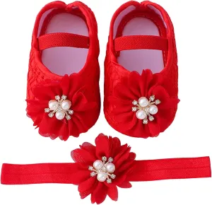 Baby Shoes with Hair Band Fashion Soft Soled Toddler Shoes Versatile Dress Flower Princess Shoes Little Girls Shoes