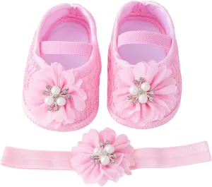 Baby Shoes with Hair Band Fashion Soft Soled Toddler Shoes Versatile Dress Flower Princess Shoes Little Girls Shoes