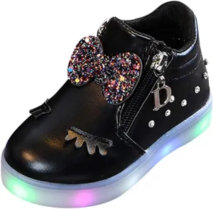 Baby Sneakers,Infant Kids Crystal Bowknot LED Luminous Boots Baby Girls Sport Shoes Anti-Slip Shoes Soft Sole Flat Shoes