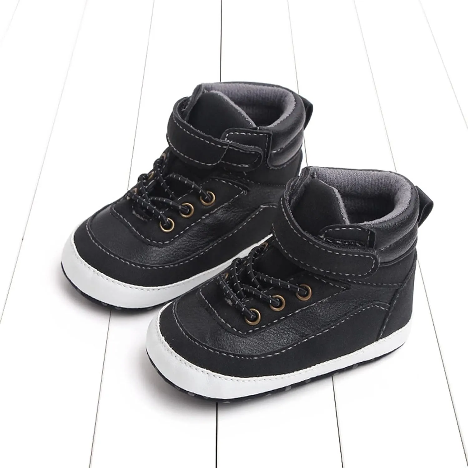 Baby Toddler Boys Girls High Tops Ankle Sneakers Soft Anti-Slip Sole PU Leather Infant Prewalker First Walking Shoes