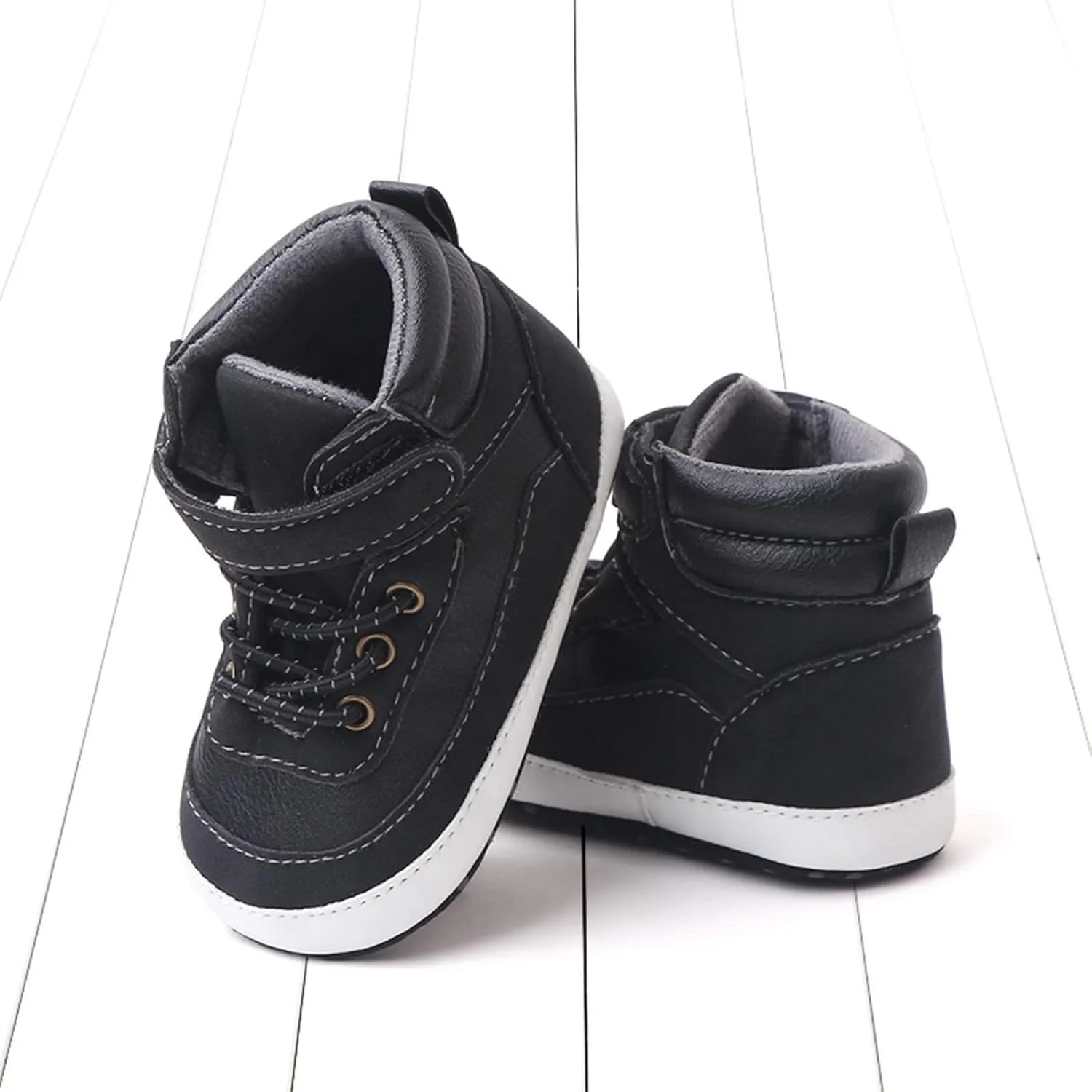 Baby Toddler Boys Girls High Tops Ankle Sneakers Soft Anti-Slip Sole PU Leather Infant Prewalker First Walking Shoes