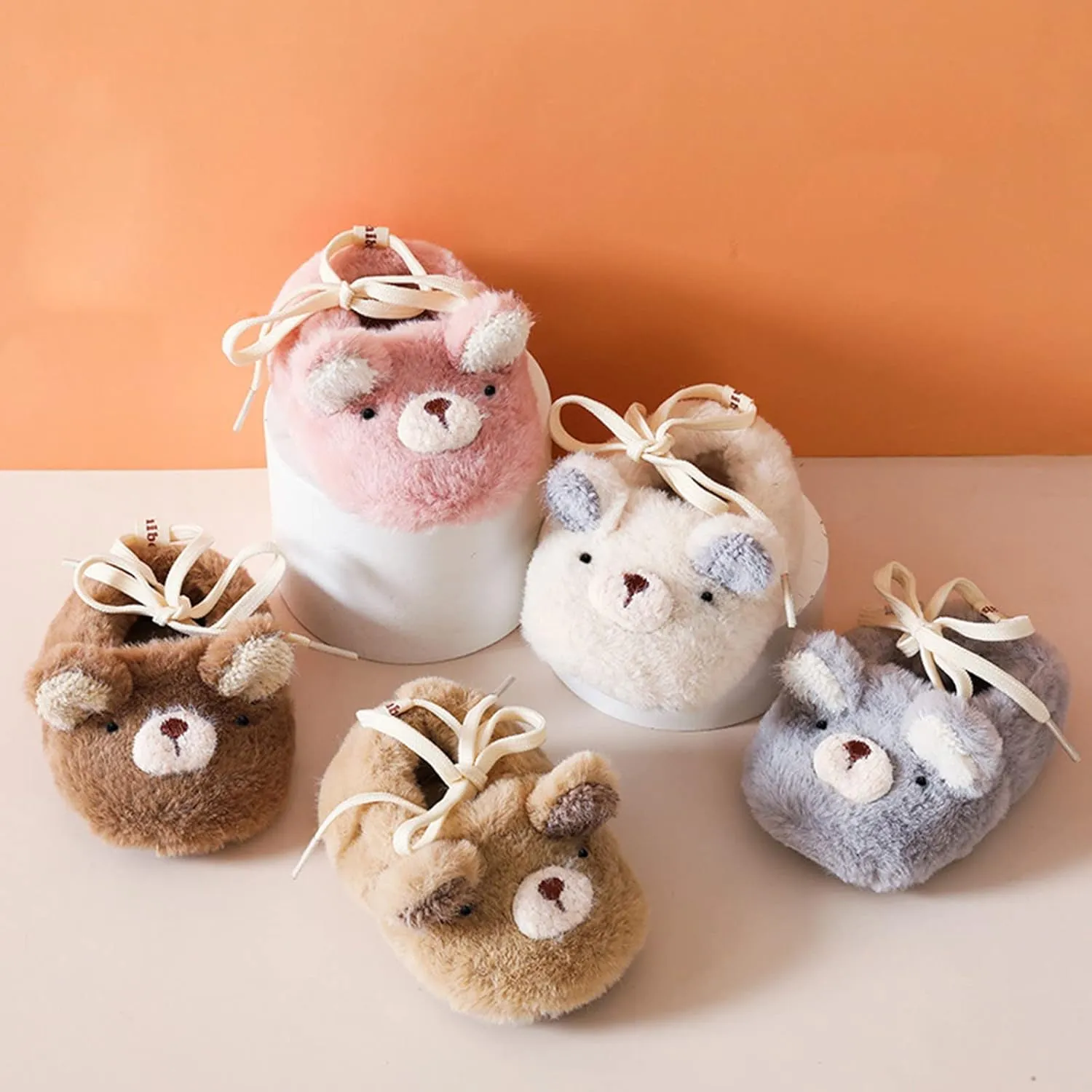 Baby Toddler Fleece Warm Floor Crib Shoes Fashion Cartoon Bear Printing Non Slip Softy Sole First Walk Shoes