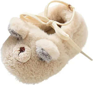 Baby Toddler Fleece Warm Floor Crib Shoes Fashion Cartoon Bear Printing Non Slip Softy Sole First Walk Shoes