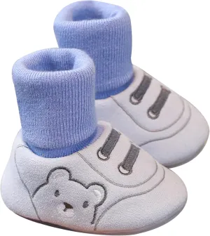 Baby Winter Shoes for Toddlers 6-9 Month, Cute Bear Plush Baby Sock Shoes Non-Slip Unisex Comfortable and Warm Boots Soft Sole 12cm Blue Winter