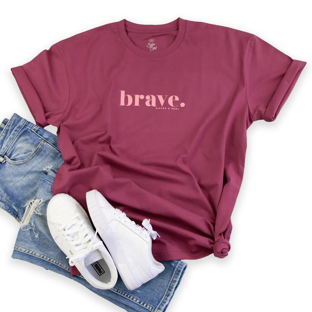 BRAVE - Plus Size Long Boxy Tee - Berry with Pink Print