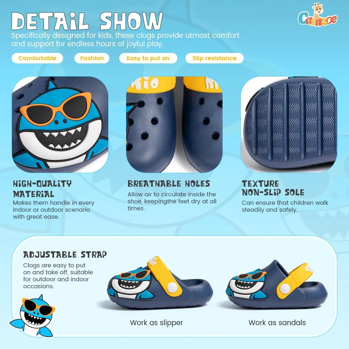 Casazoe Toddler Kids Boys Girls EVA Clogs Cute Garden Shark Water Sandals Slip On Shoes Slipper Slides Lightweight Outdoor Summer Beach Pool Play Shoes (Toddler/Little Kids)