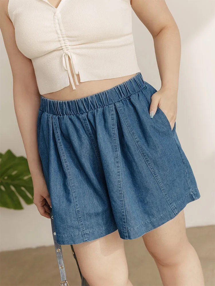 Casual Denim Cotton Elastic Waist Shorts Pants