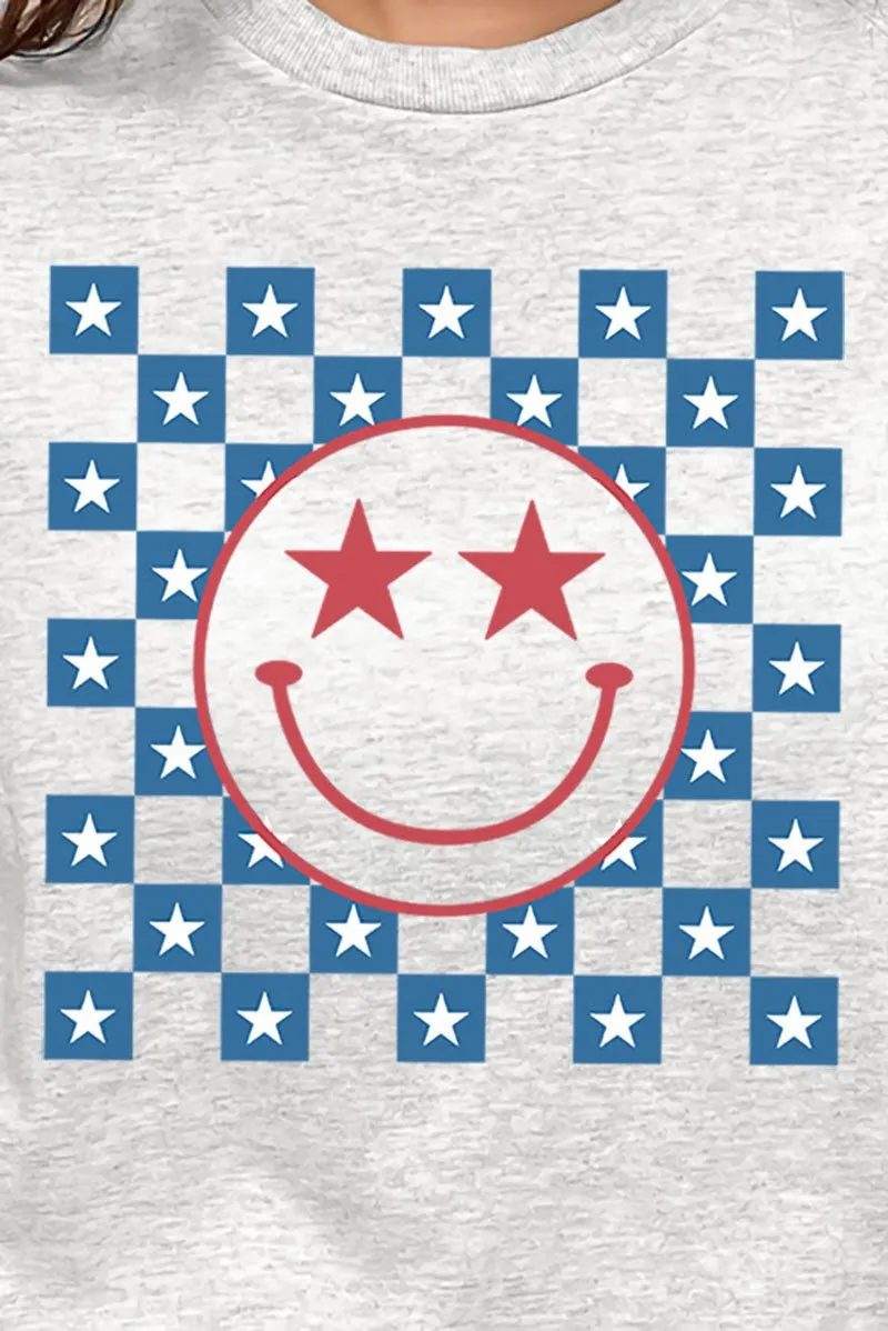Checkered Retro Patriotic Smile Short Sleeve Relaxed Fit T-Shirt