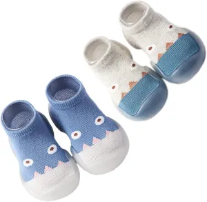 Chicone 2 Pairs Baby Socks Anti Skid Rubber Soft Sole Infant Slippers Prewalker Shoes (Blue&Grey, 3-6 Months), 3 Months