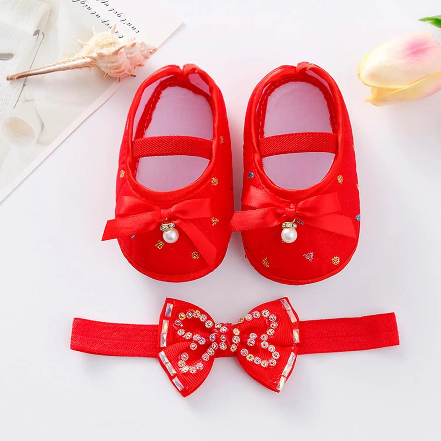 Child Princess Sole Set Cute Shoes Shoes Pearl Headband Little Soft Toddler Bow Kids Sneakers Toddler Boys