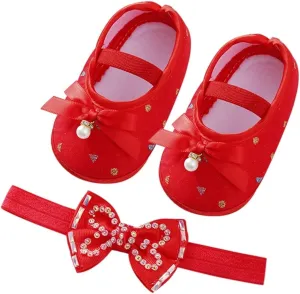 Child Princess Sole Set Cute Shoes Shoes Pearl Headband Little Soft Toddler Bow Kids Sneakers Toddler Boys