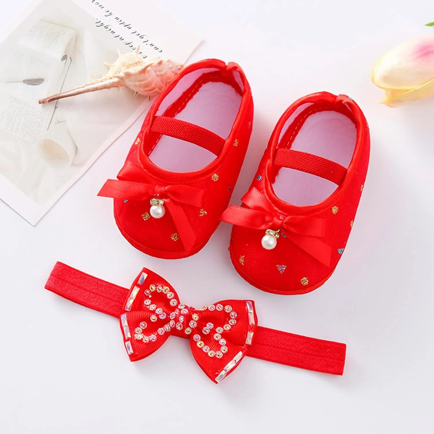 Child Princess Sole Set Cute Shoes Shoes Pearl Headband Little Soft Toddler Bow Kids Sneakers Toddler Boys