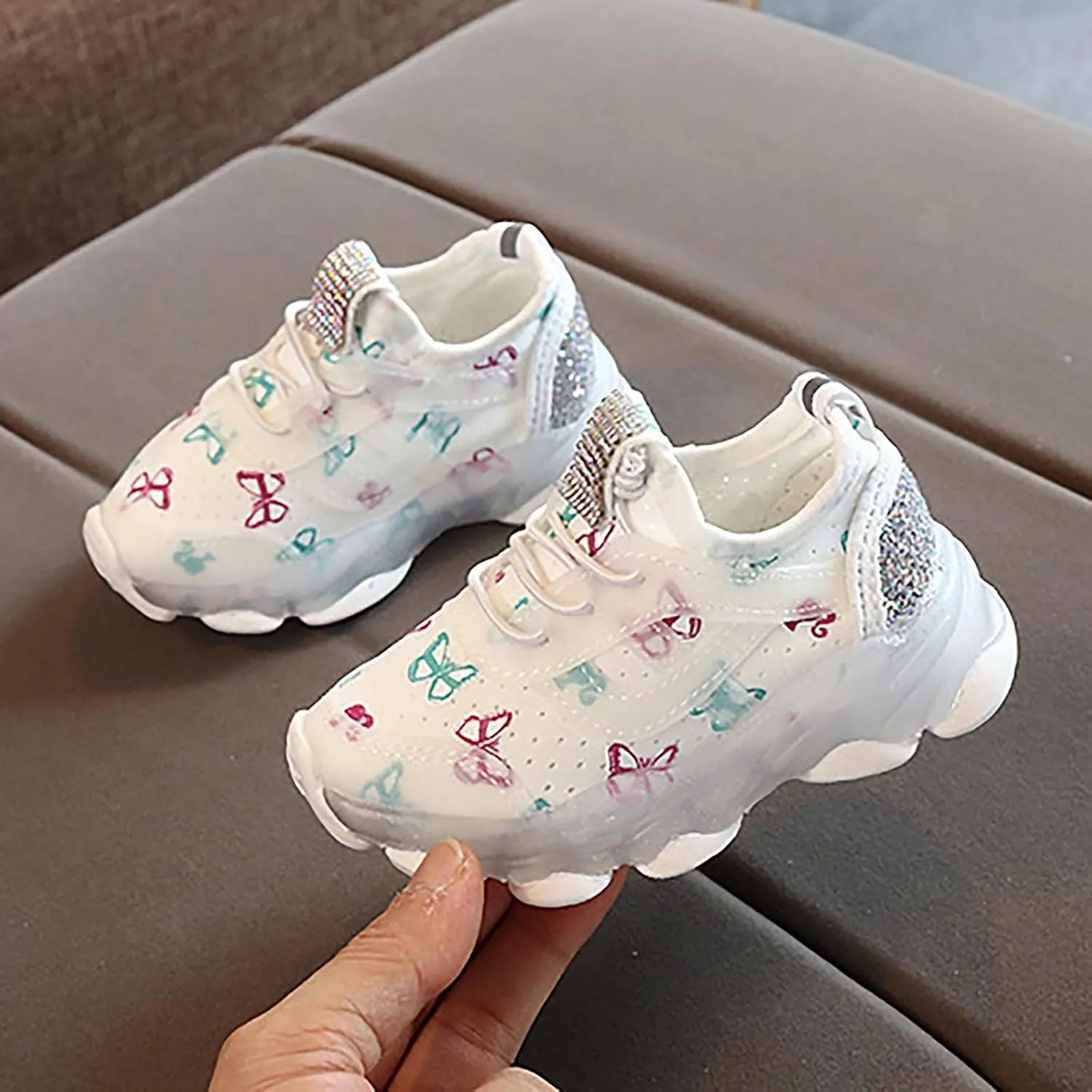 Children Boys Girls Sneakers Butterfly Print LED Light Shoes Daddy Shoes Lacing Breathable Soft Sole Shoes