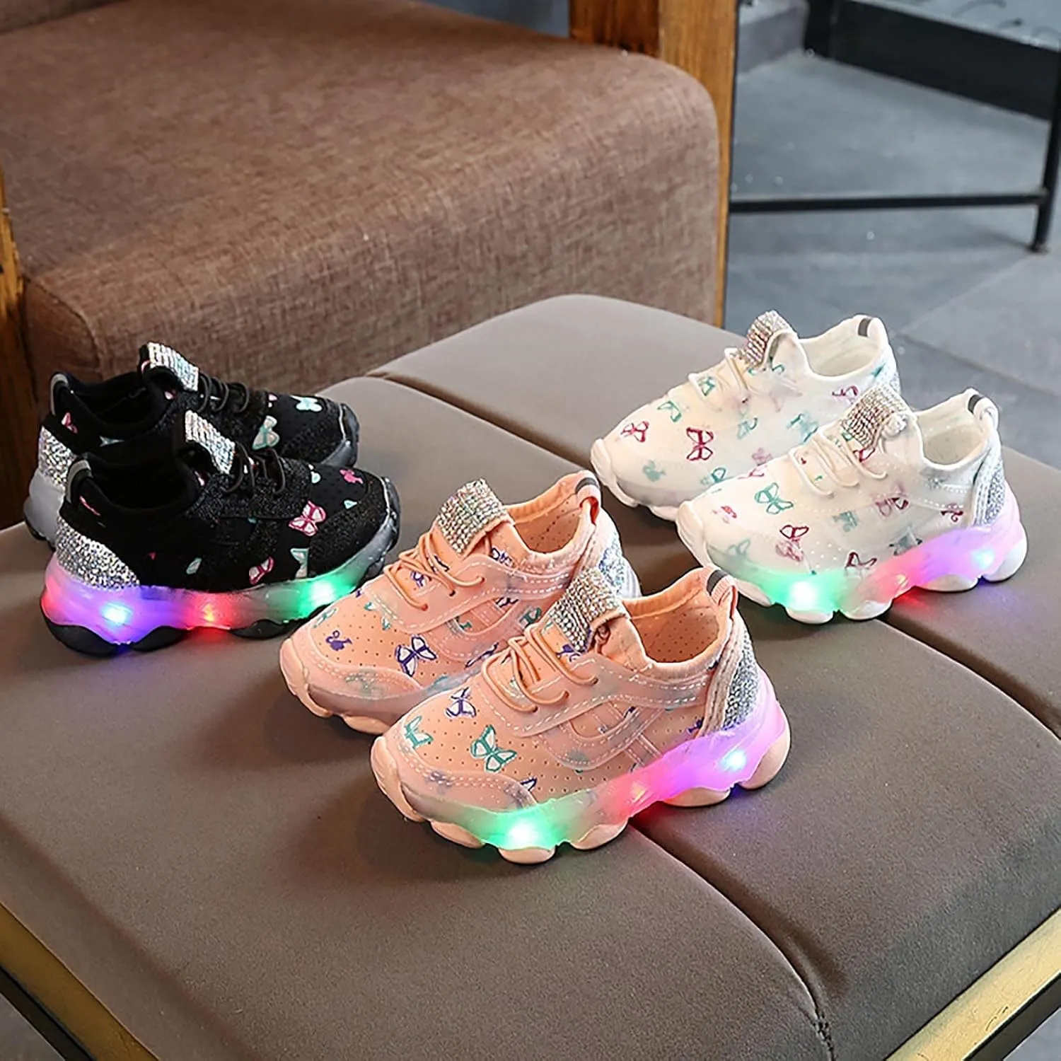 Children Boys Girls Sneakers Butterfly Print LED Light Shoes Daddy Shoes Lacing Breathable Soft Sole Shoes
