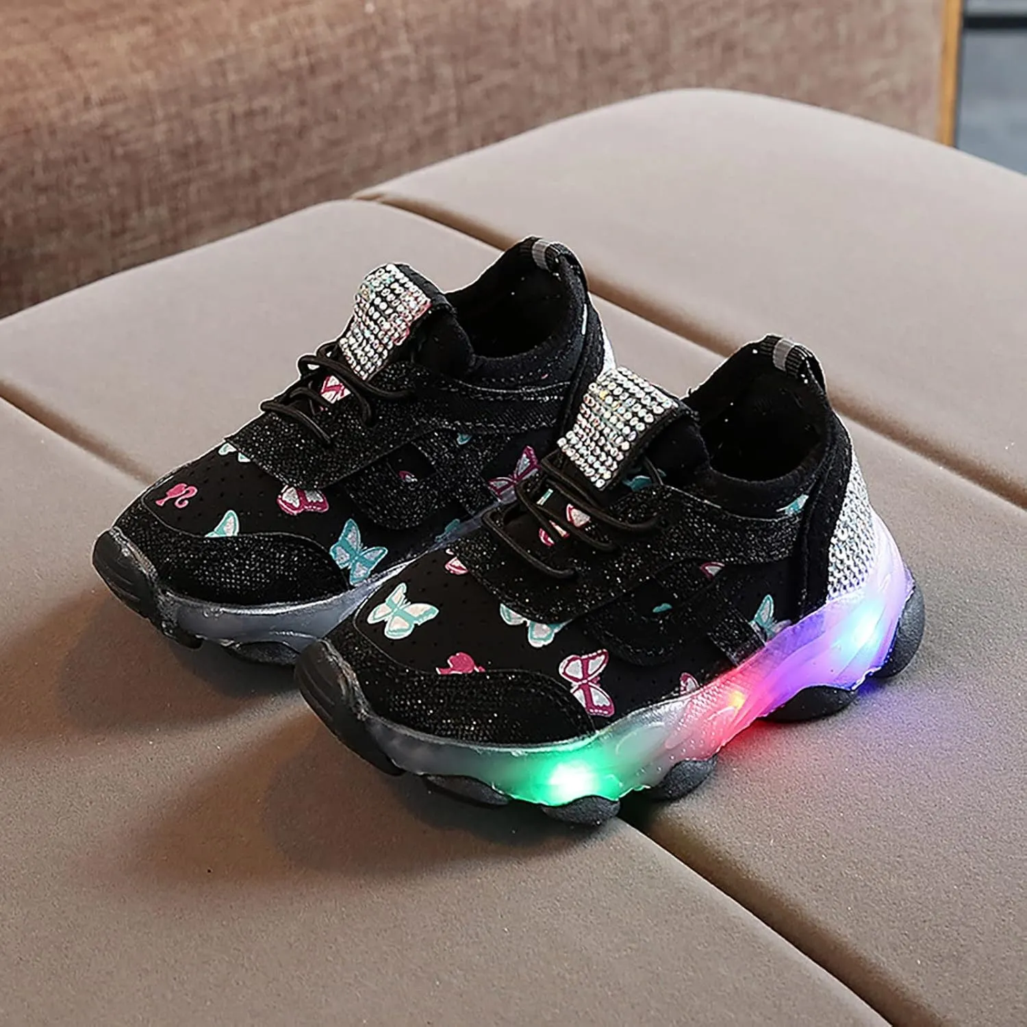 Children Boys Girls Sneakers Butterfly Print LED Light Shoes Daddy Shoes Lacing Breathable Soft Sole Shoes