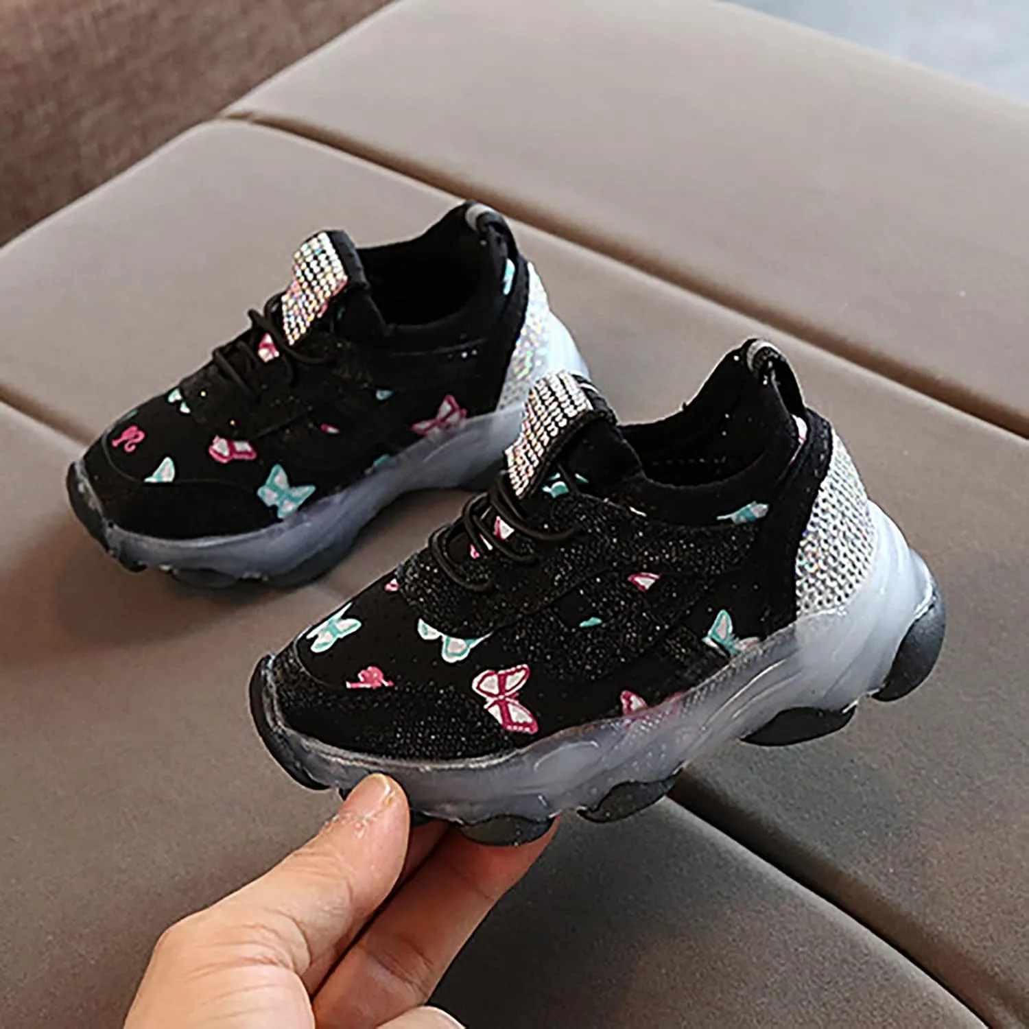 Children Boys Girls Sneakers Butterfly Print LED Light Shoes Daddy Shoes Lacing Breathable Soft Sole Shoes