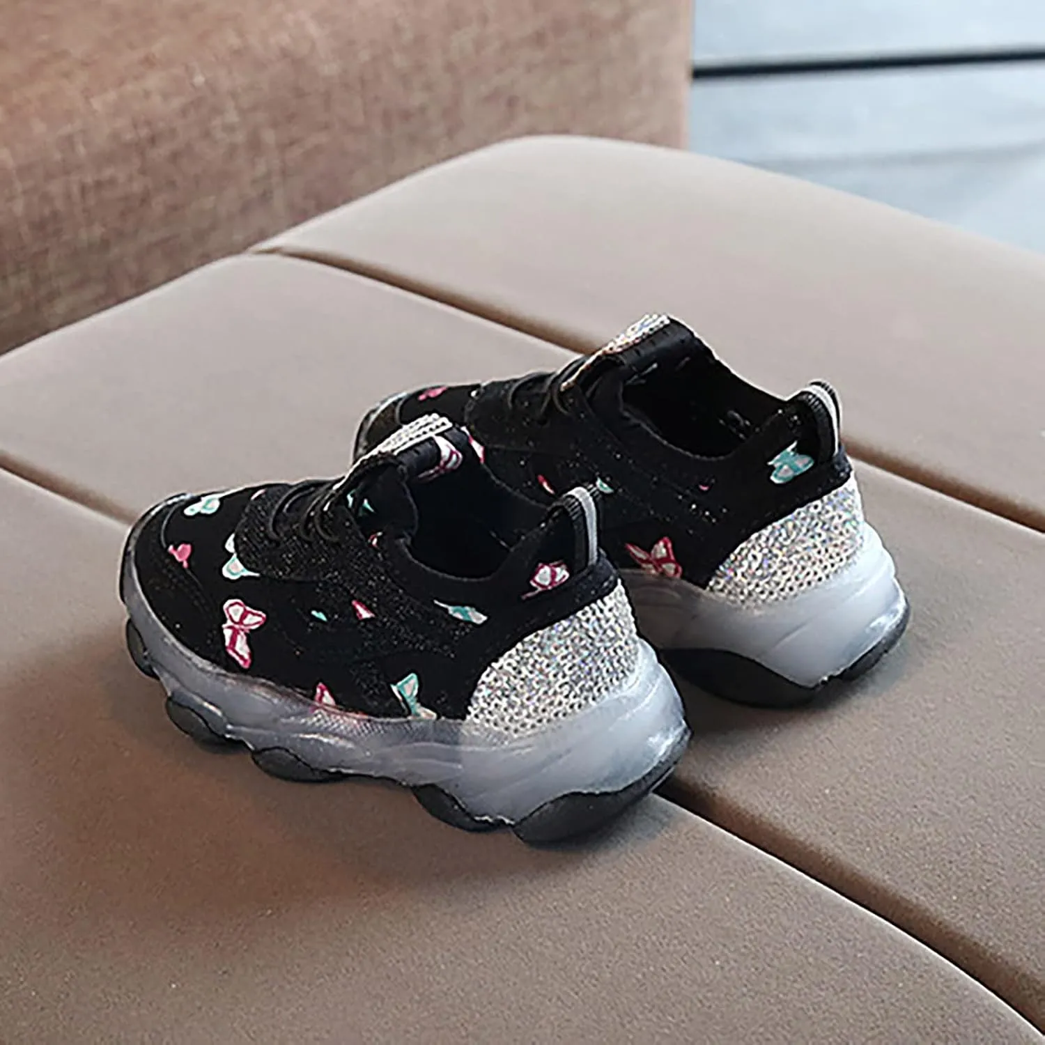 Children Boys Girls Sneakers Butterfly Print LED Light Shoes Daddy Shoes Lacing Breathable Soft Sole Shoes