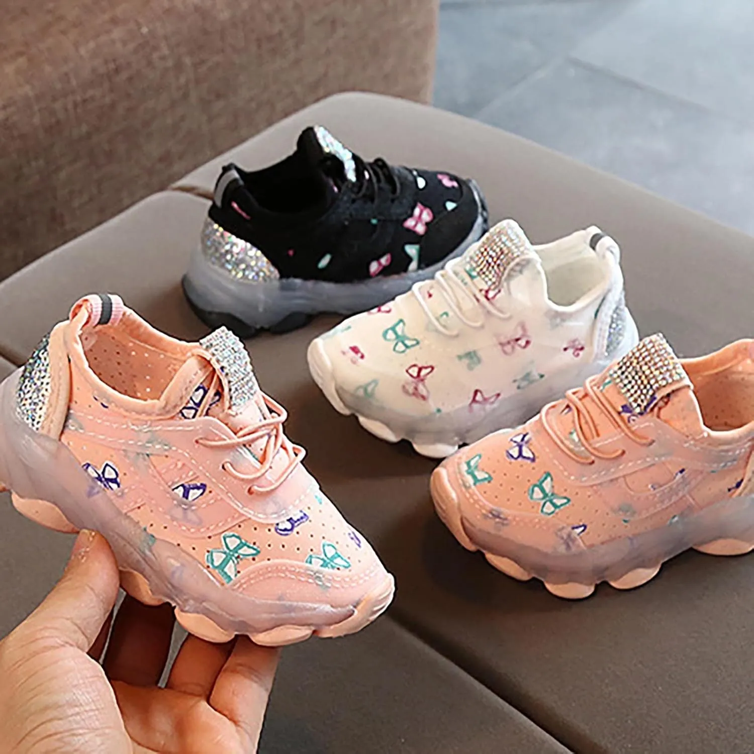 Children Boys Girls Sneakers Butterfly Print LED Light Shoes Daddy Shoes Lacing Breathable Soft Sole Shoes