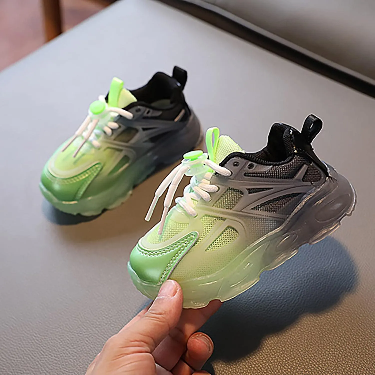Children's Sneakers Color Gradient LED Light Shoes Dad Shoes Soft Soles Bunny Pompom Sneaker for Baby Girl