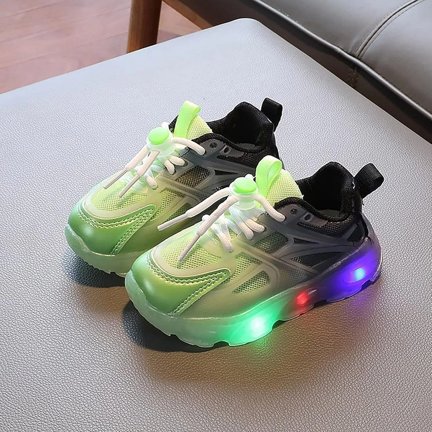 Children's Sneakers Color Gradient LED Light Shoes Dad Shoes Soft Soles Bunny Pompom Sneaker for Baby Girl