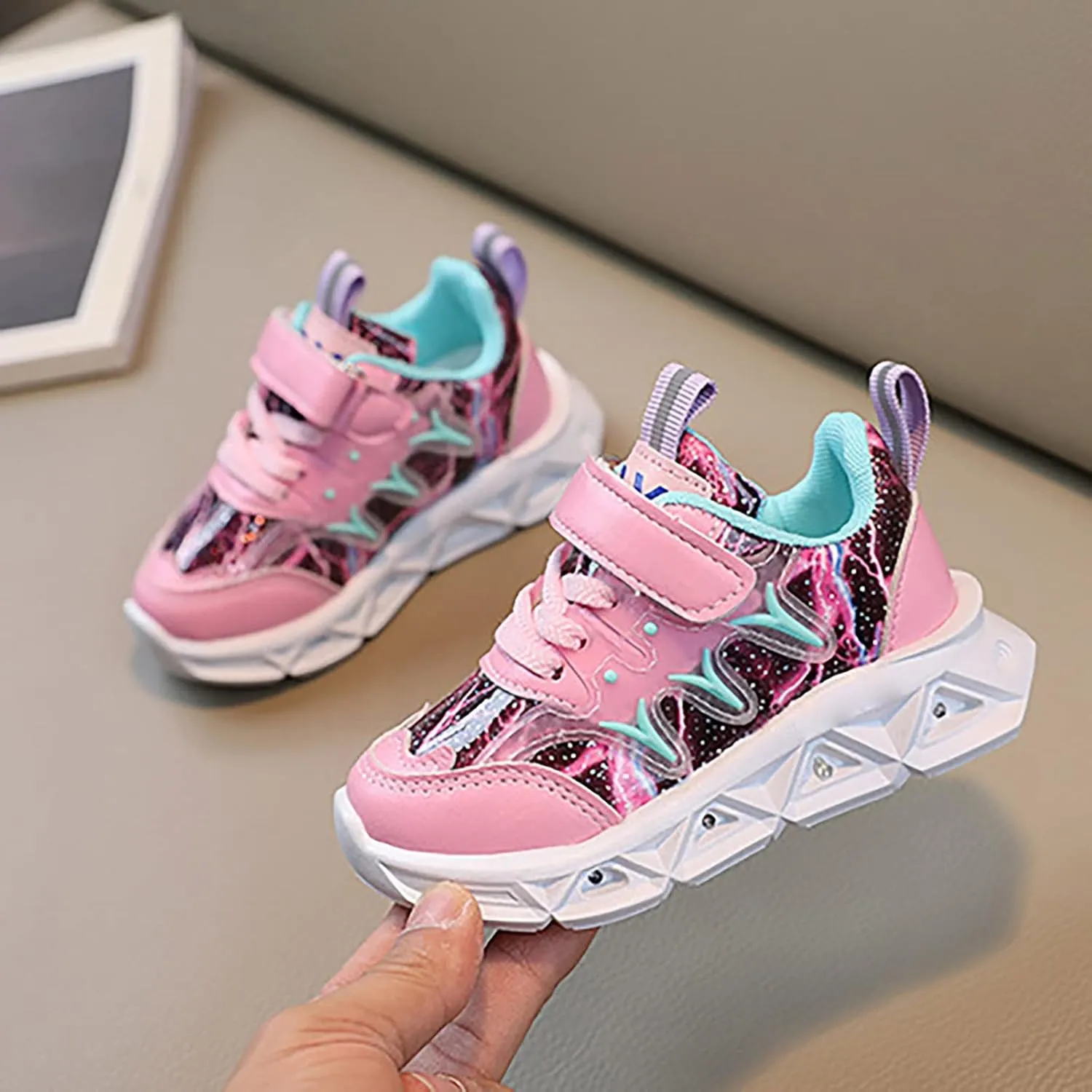 Children's Sneakers LED Charged Breathable Soft Sole Strap Collision Color for 1 to 6 Years Girls Shoes Youth Size 3