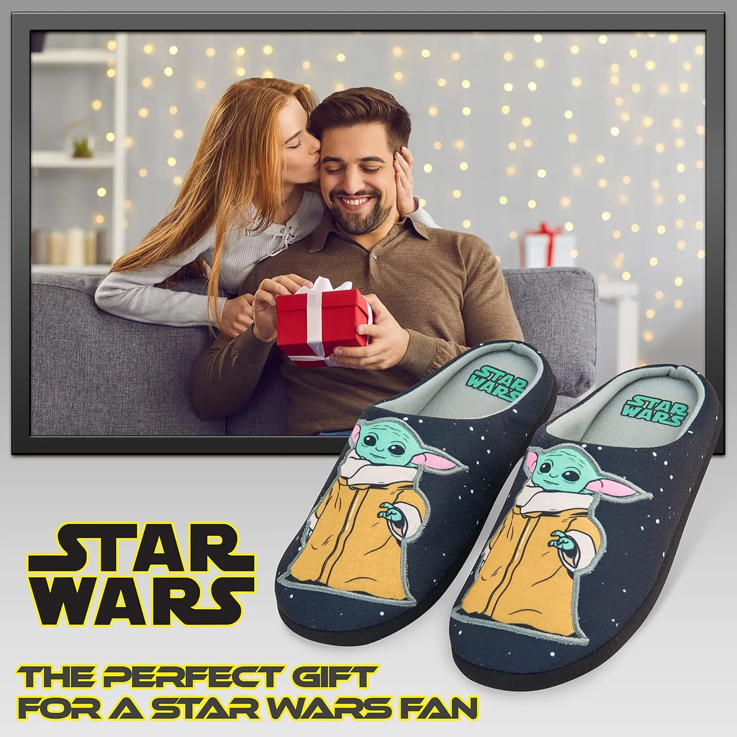 Disney Men's Slippers - Baby Yoda Indoor House Shoes Non Slip Sole - Gifts for Him