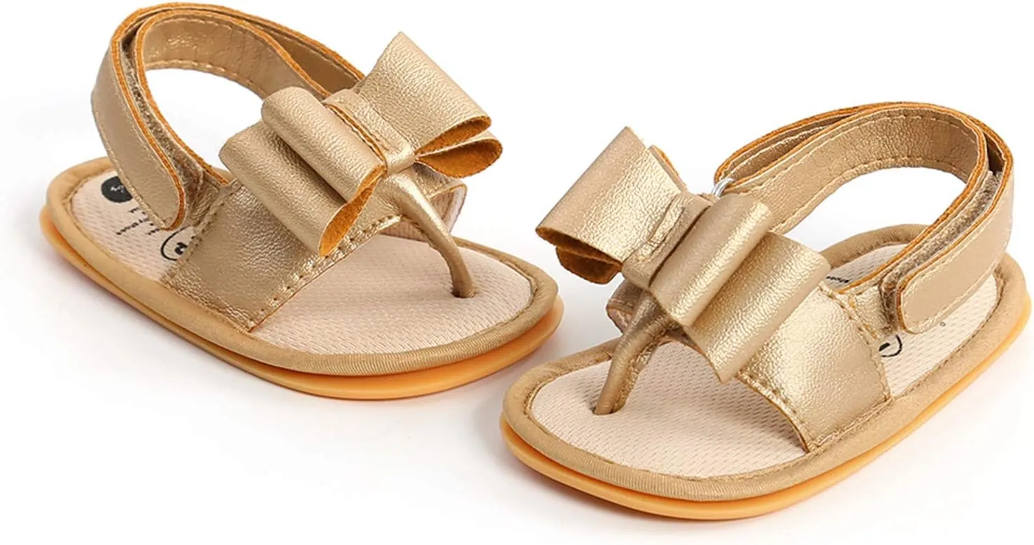 EnJoCho Chldren Sole Bow Sandals Shoes Rubber Non-Slip Baby Girls Summer Boys Soft Walking Flat Baby Shoes Summer (Gold, 6-12 Months)