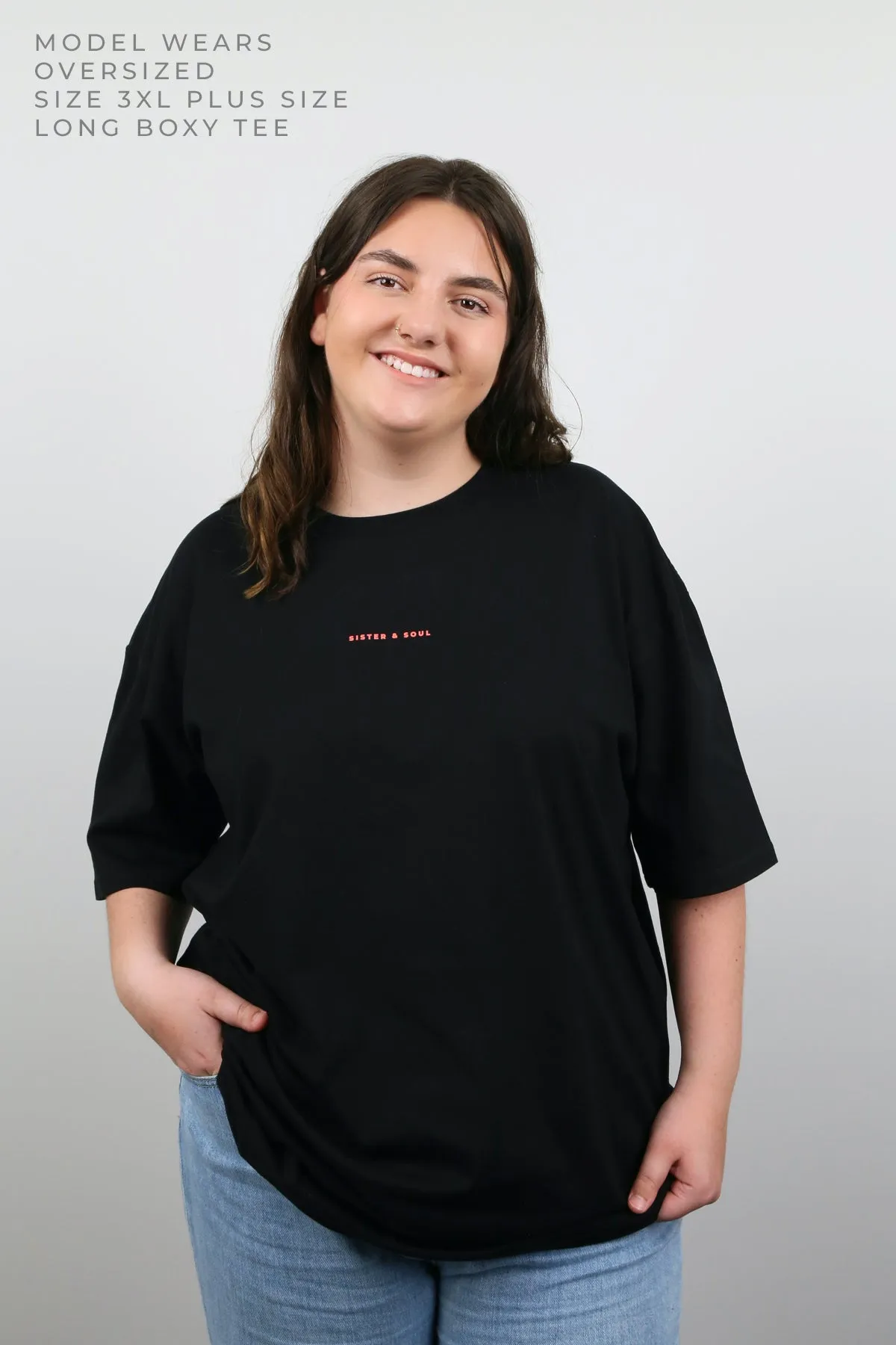 FIERCE FEARLESS FABULOUS  - Plus Size Long Boxy Tee - Black with Colourful Print