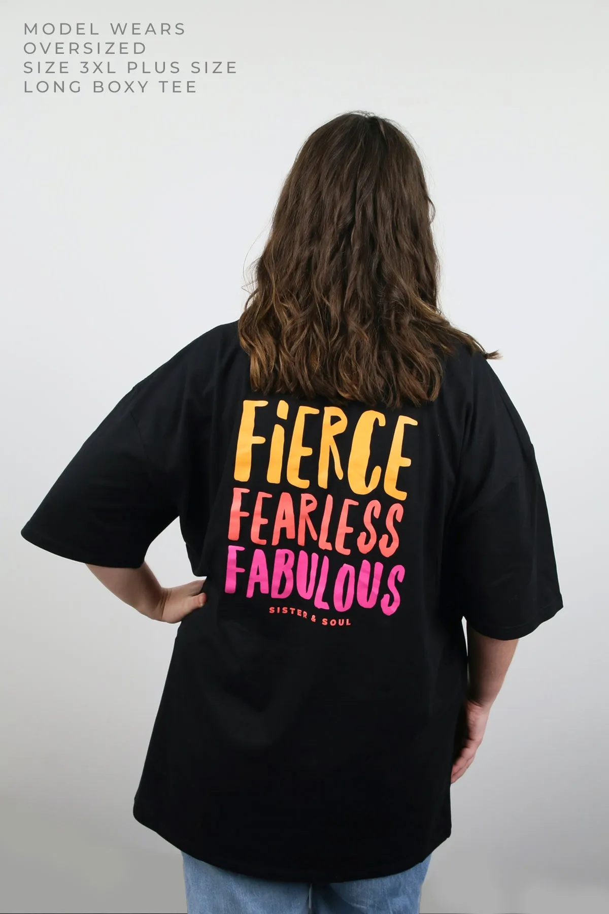 FIERCE FEARLESS FABULOUS  - Plus Size Long Boxy Tee - Black with Colourful Print