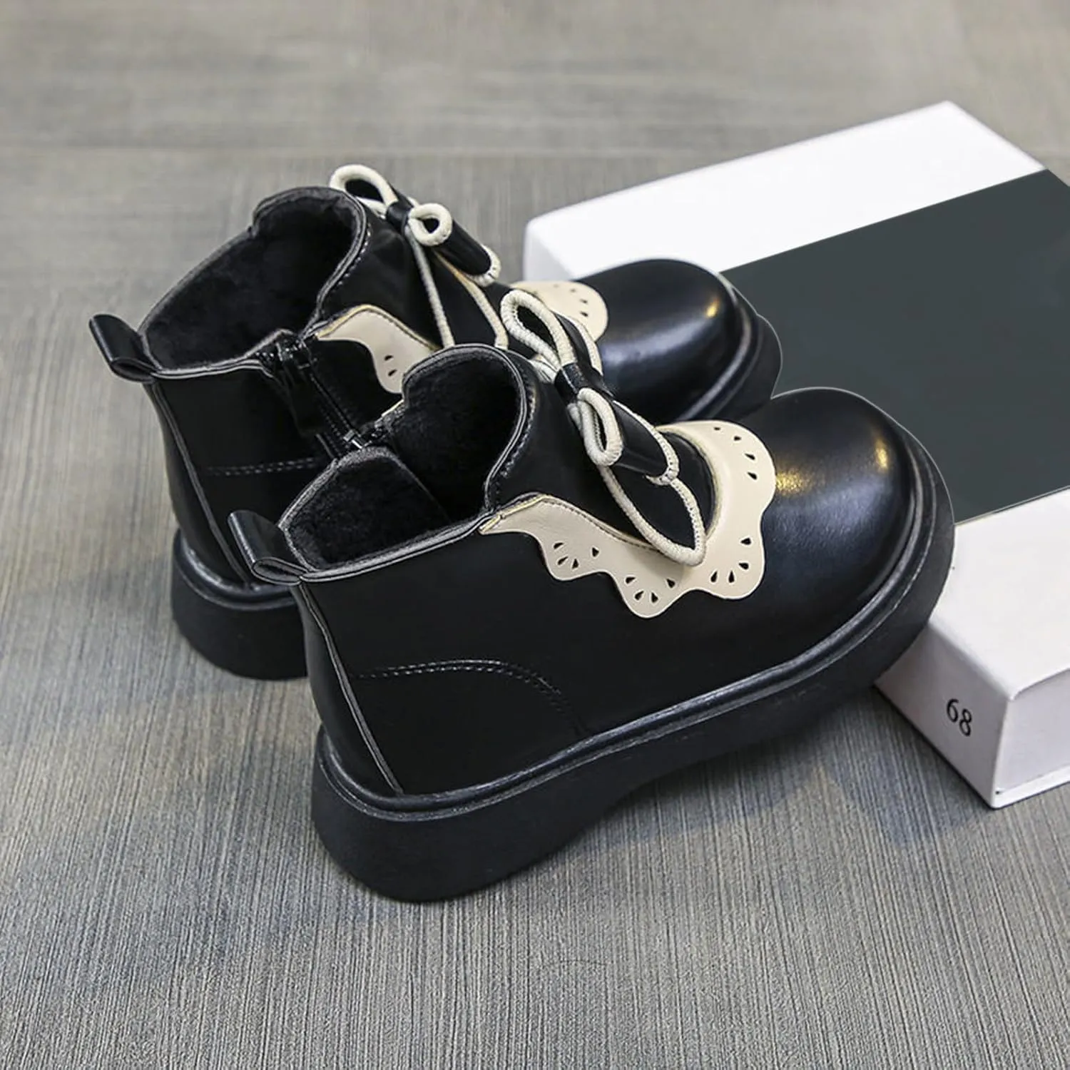 Girls Bow Mary Jane Boots Leather Side Zipper Ankle Boots Non Slip Sort Sole Comfortable Waterproof Short Boots