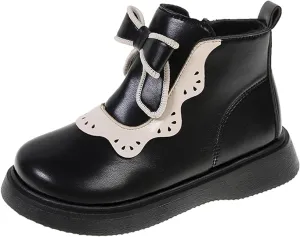 Girls Bow Mary Jane Boots Leather Side Zipper Ankle Boots Non Slip Sort Sole Comfortable Waterproof Short Boots