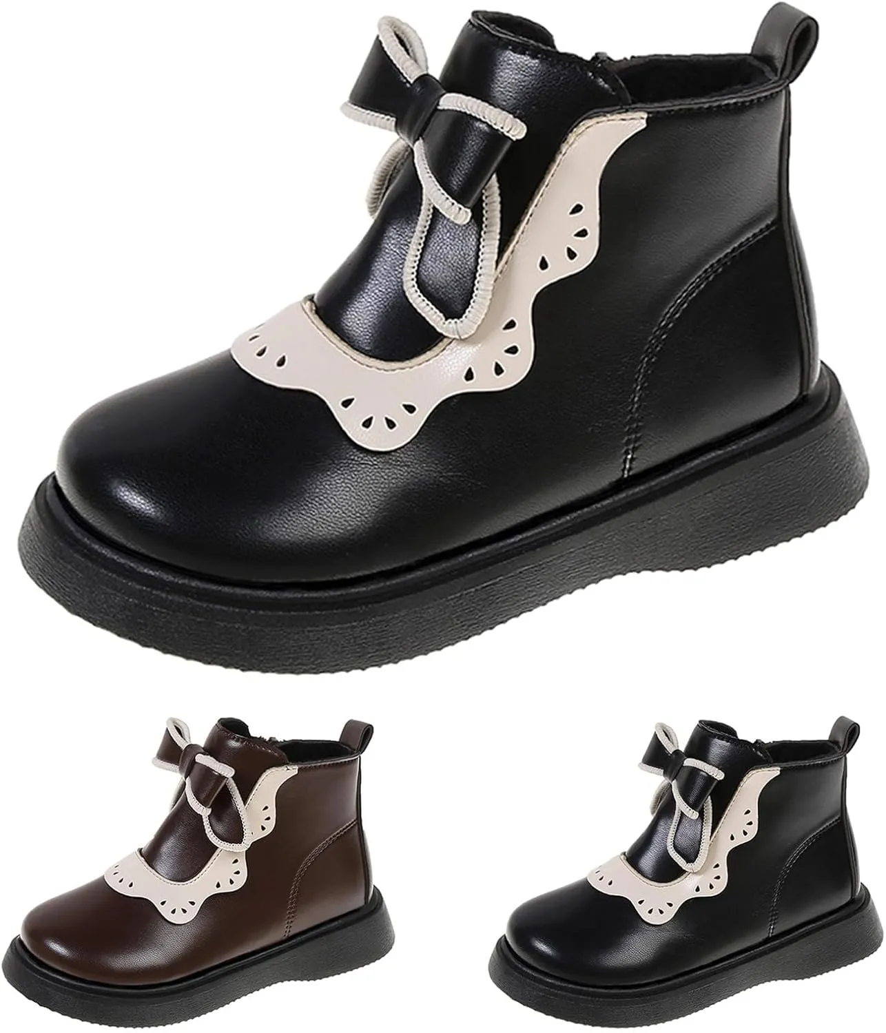 Girls Bow Mary Jane Boots Leather Side Zipper Ankle Boots Non Slip Sort Sole Comfortable Waterproof Short Boots