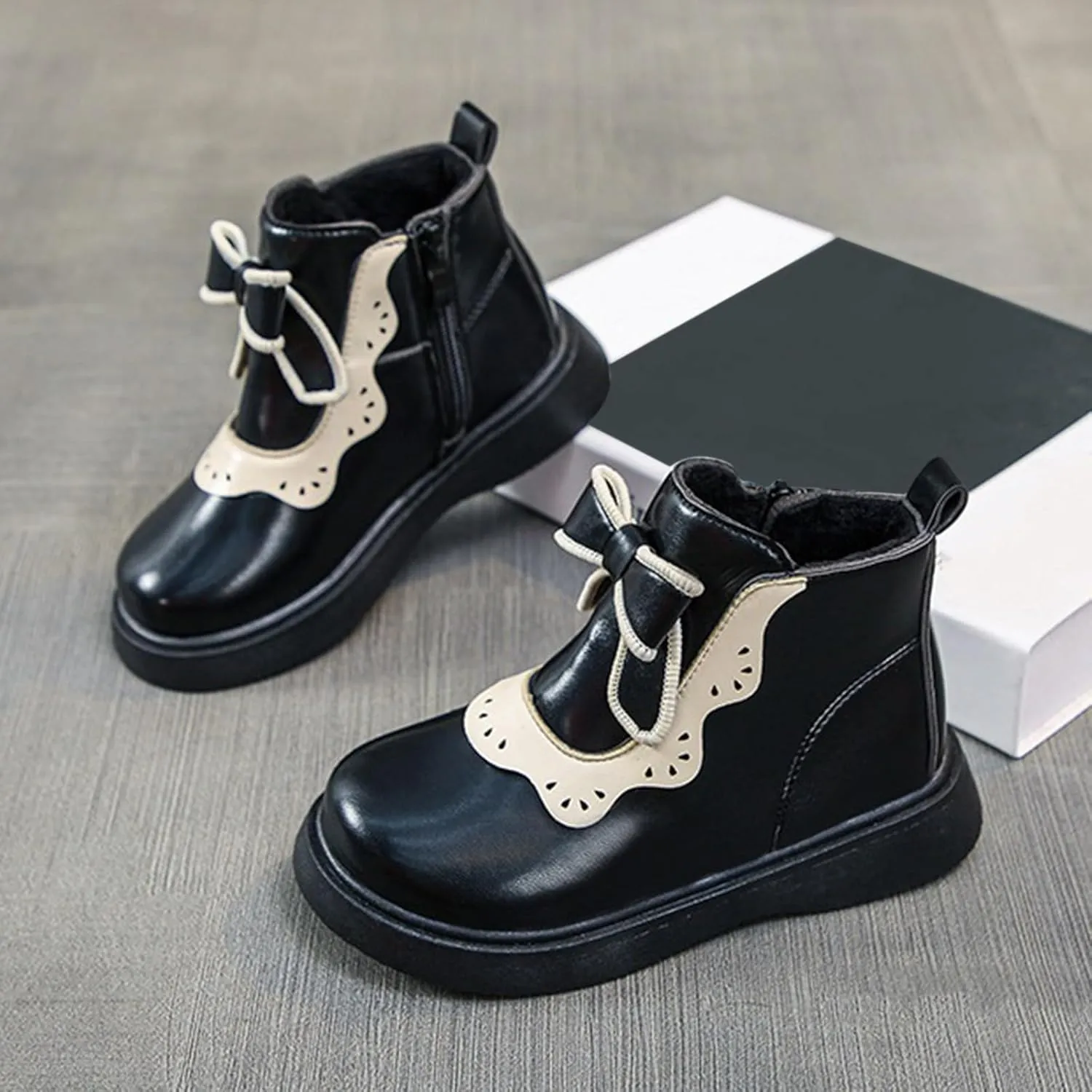 Girls Bow Mary Jane Boots Leather Side Zipper Ankle Boots Non Slip Sort Sole Comfortable Waterproof Short Boots